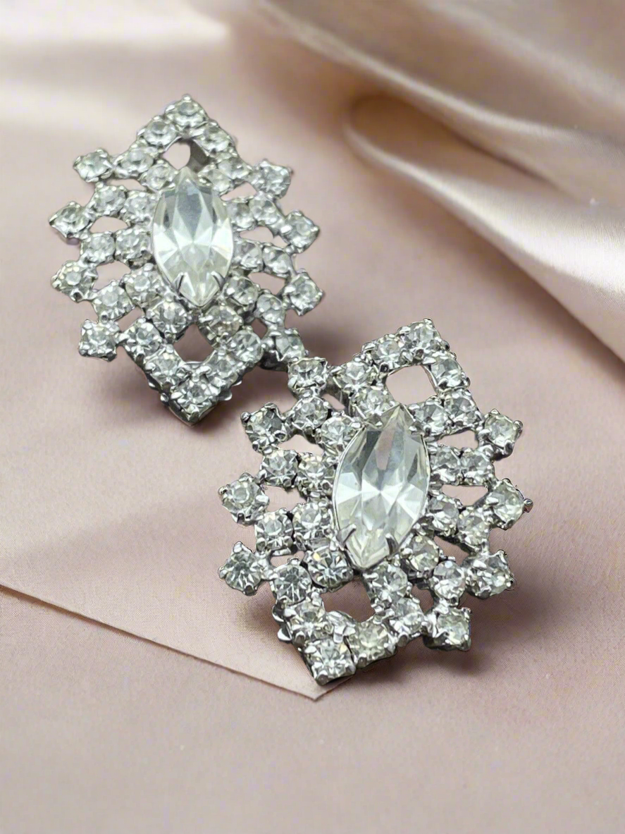 Vintage Rhinestone Earrings Multifaceted Clear Rhinestones