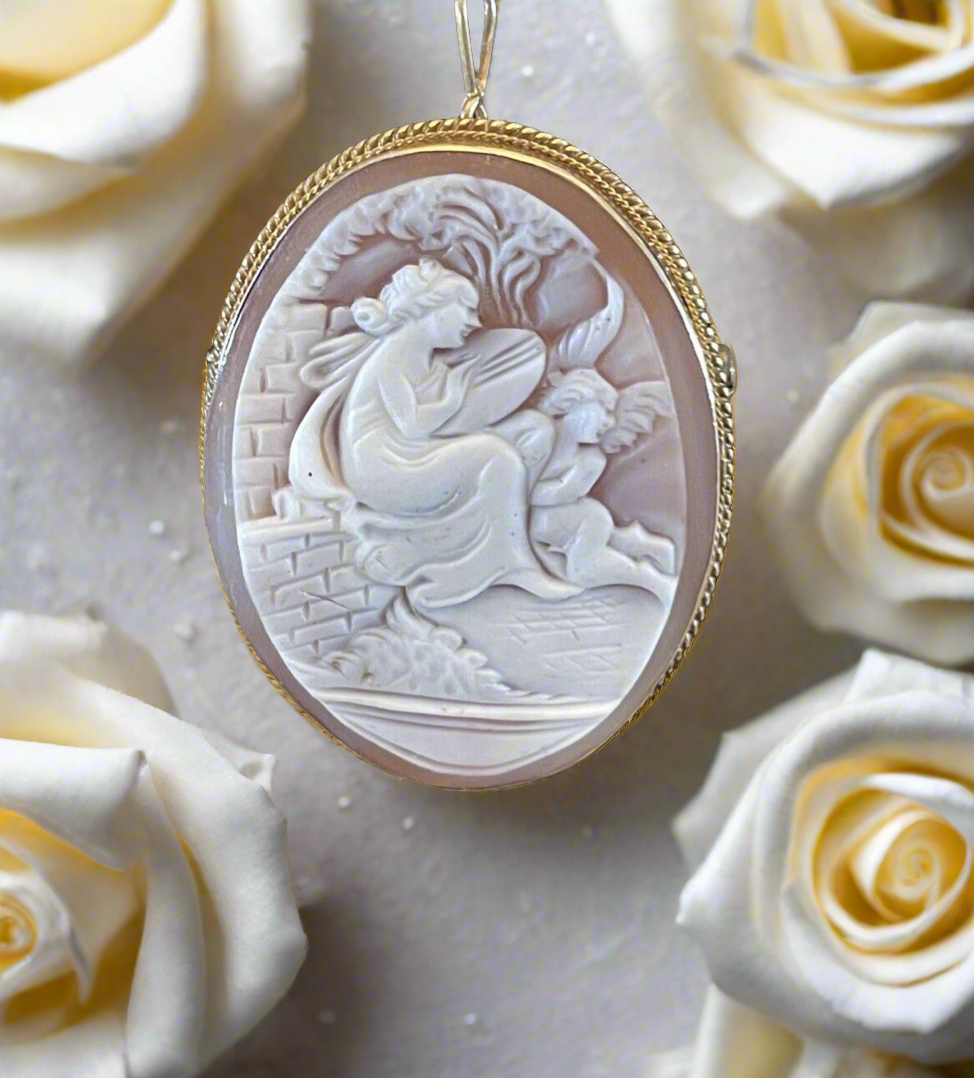 Carved Shell Cameo Greek Muse Playing Harp Cherub Gold Tone Hallmarked Vintage