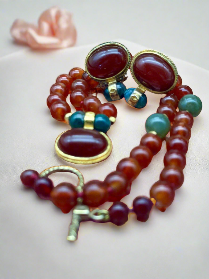 Vintage “Carnelian Jade” Style Gold Plated Necklace & Earrings By JADED SIGNED