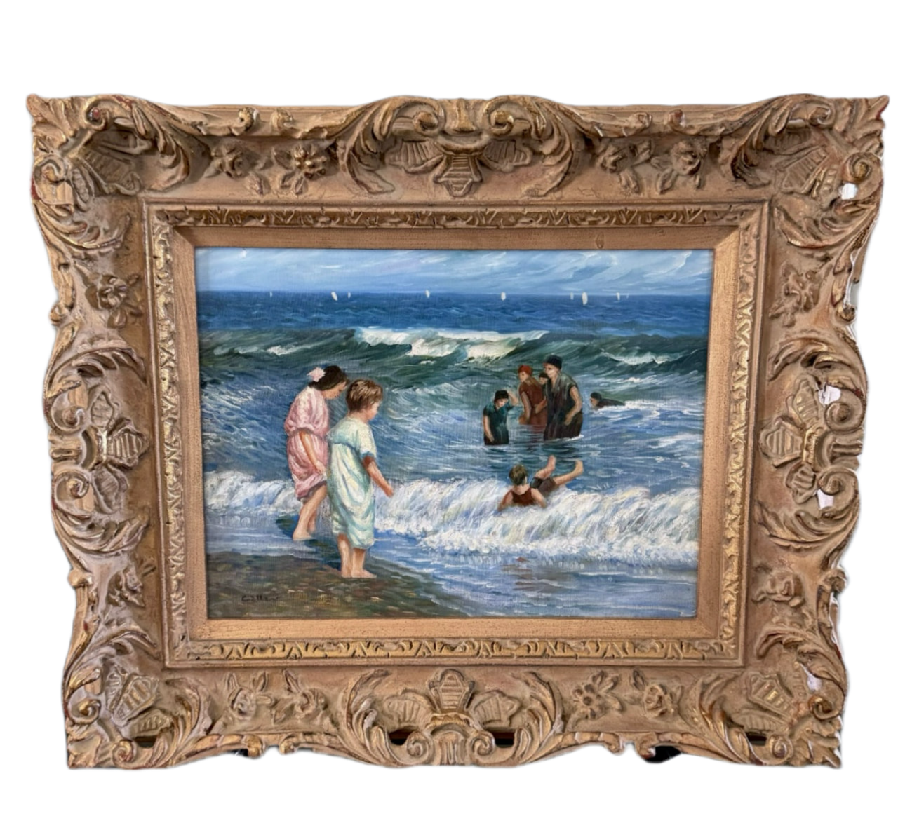 Vintage IMPRESSIONIST Beach Scene Oil Canvas Wood Frame 23.5 X 19.5 X3” Signed