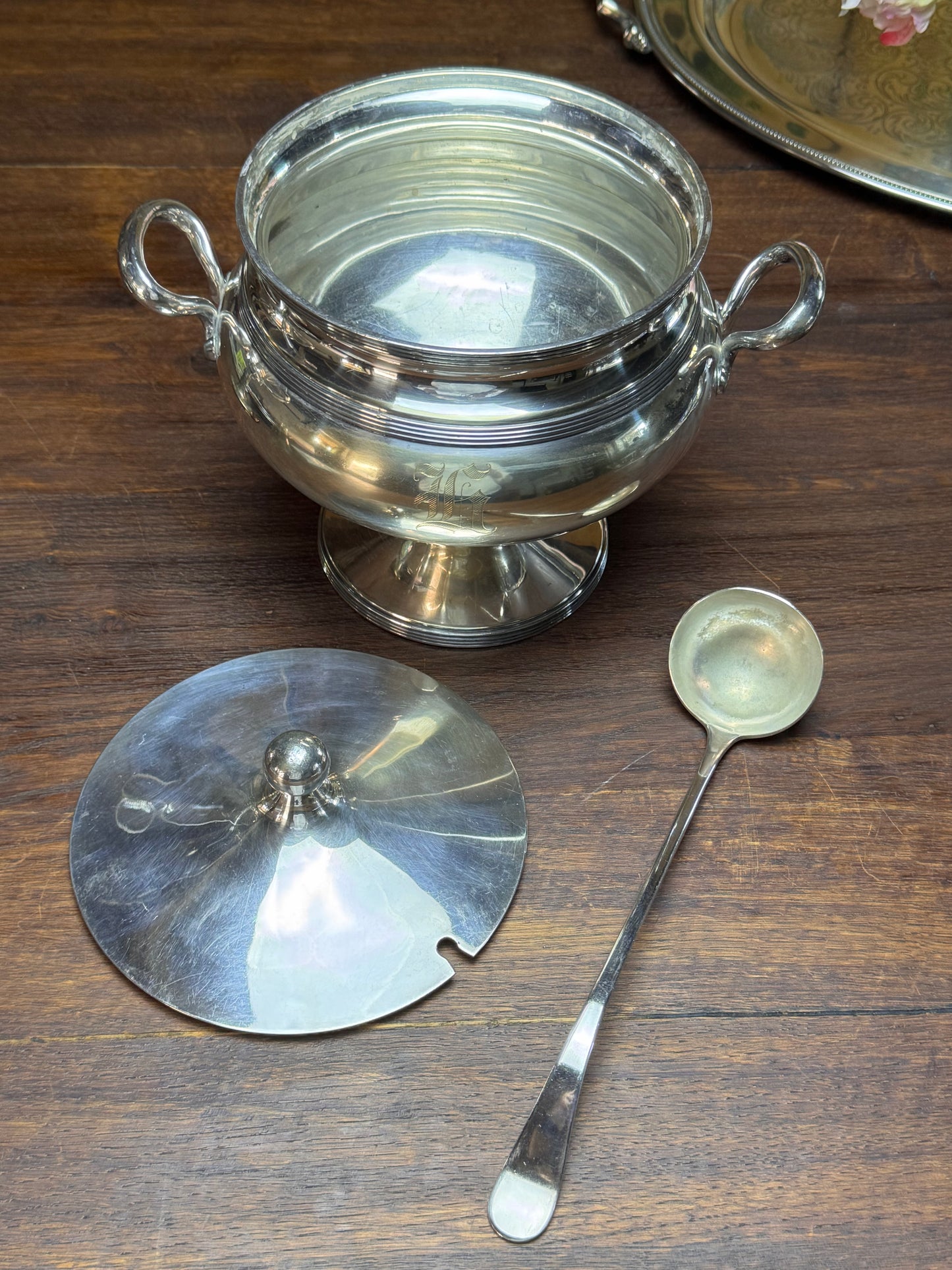Antique Soup Tureen Lidded Footed Monogrammed Serving Bowl Ladle 9.5”