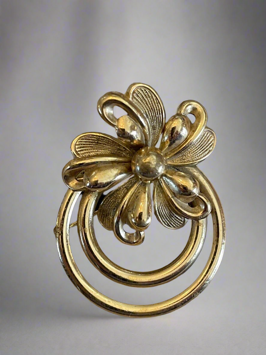 Vintage Goldtone Flower With Rings Brooch