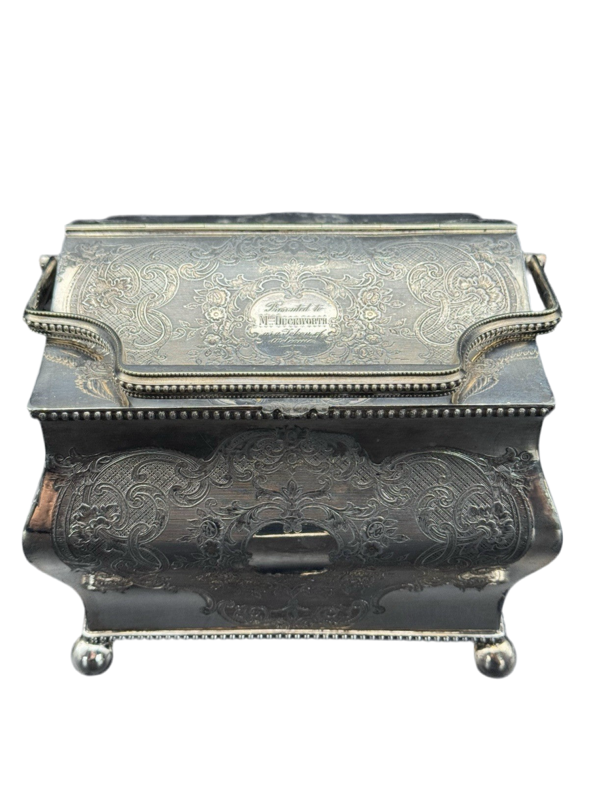 Antique Sheffield Silver Plate Double Biscuit Box – 1889 Marriage Presentation