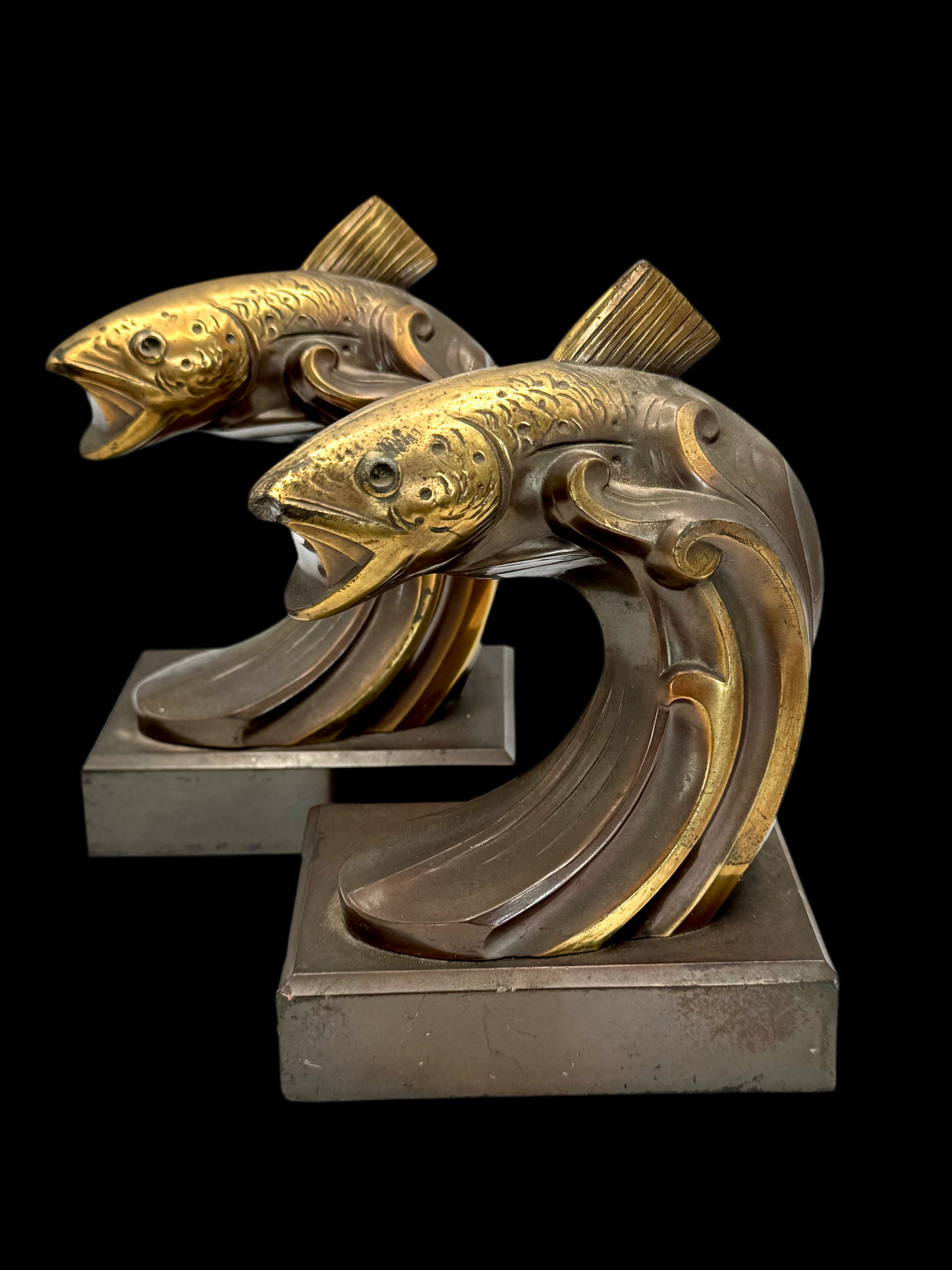 Vintage ART DECO Bronze Brass Style Book Ends TROUT Fish Estate Find Heavy!