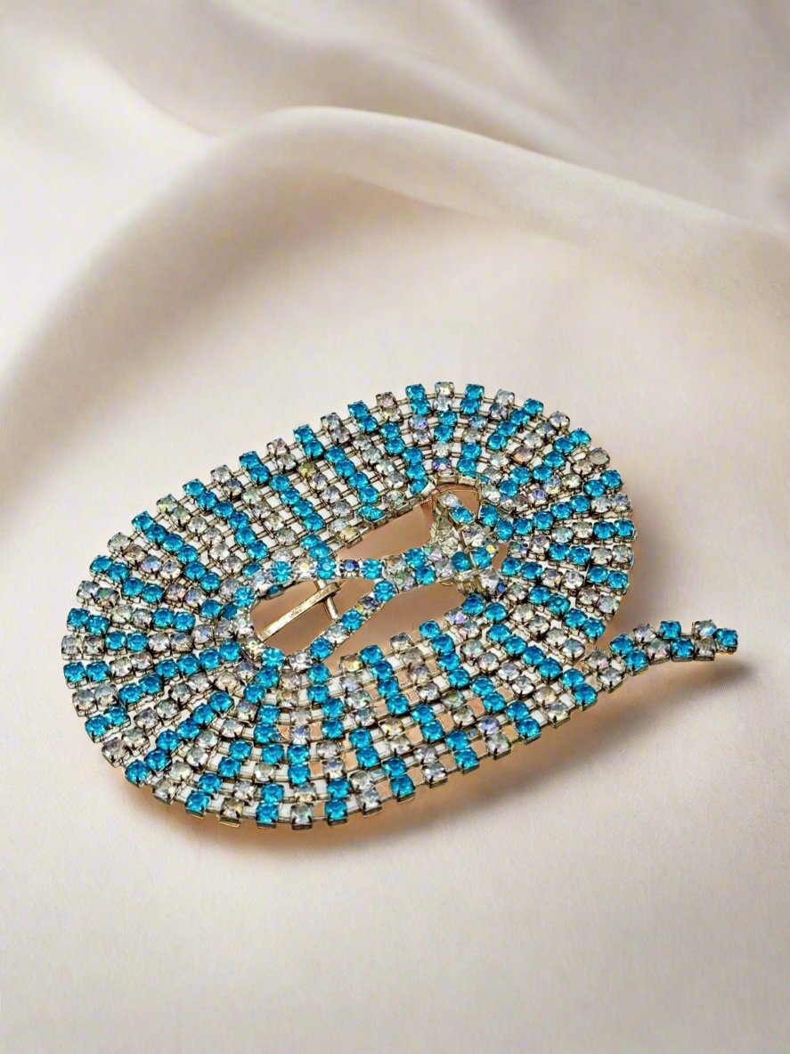 Vintage RHINESTONE Belt Buckle Necklace Blue Clear AB 41”l