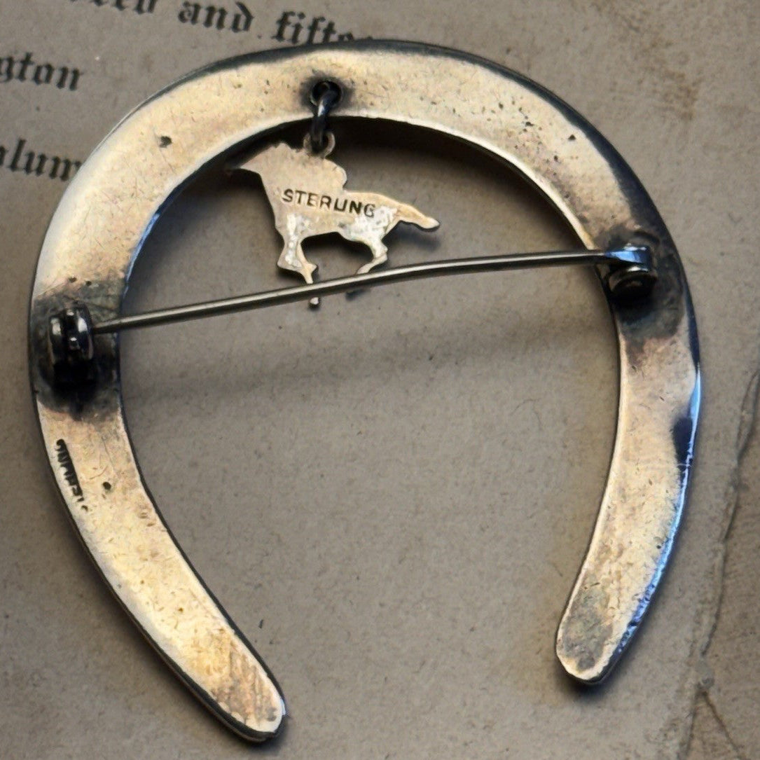 Sterling Brooch Horseshoe Horse Jockey Dangle Equestrian Racing Vintage 2”