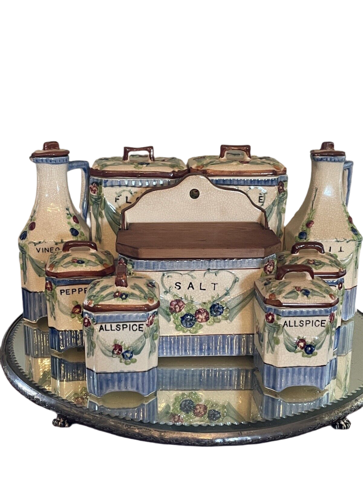 Vintage 9 Piece Canister Kitchen Set, Flour, Rice, Oil, Vinegar Set Hand Painted