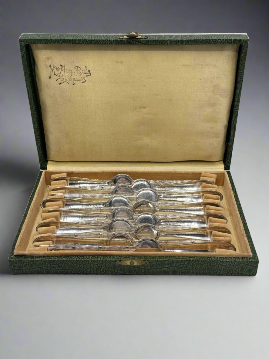 12 Antique Lobster Picks Art Nouveau Belgium Original Case NO MONOGRAM