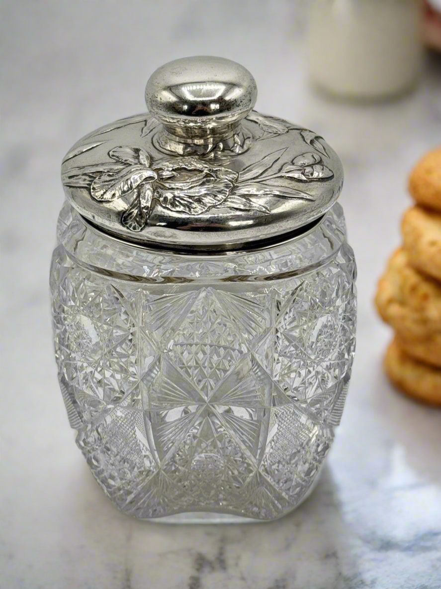 Antique AMERICAN BRILLIANT Sterling Lidded Biscuit Barrel Circa 7.5”h