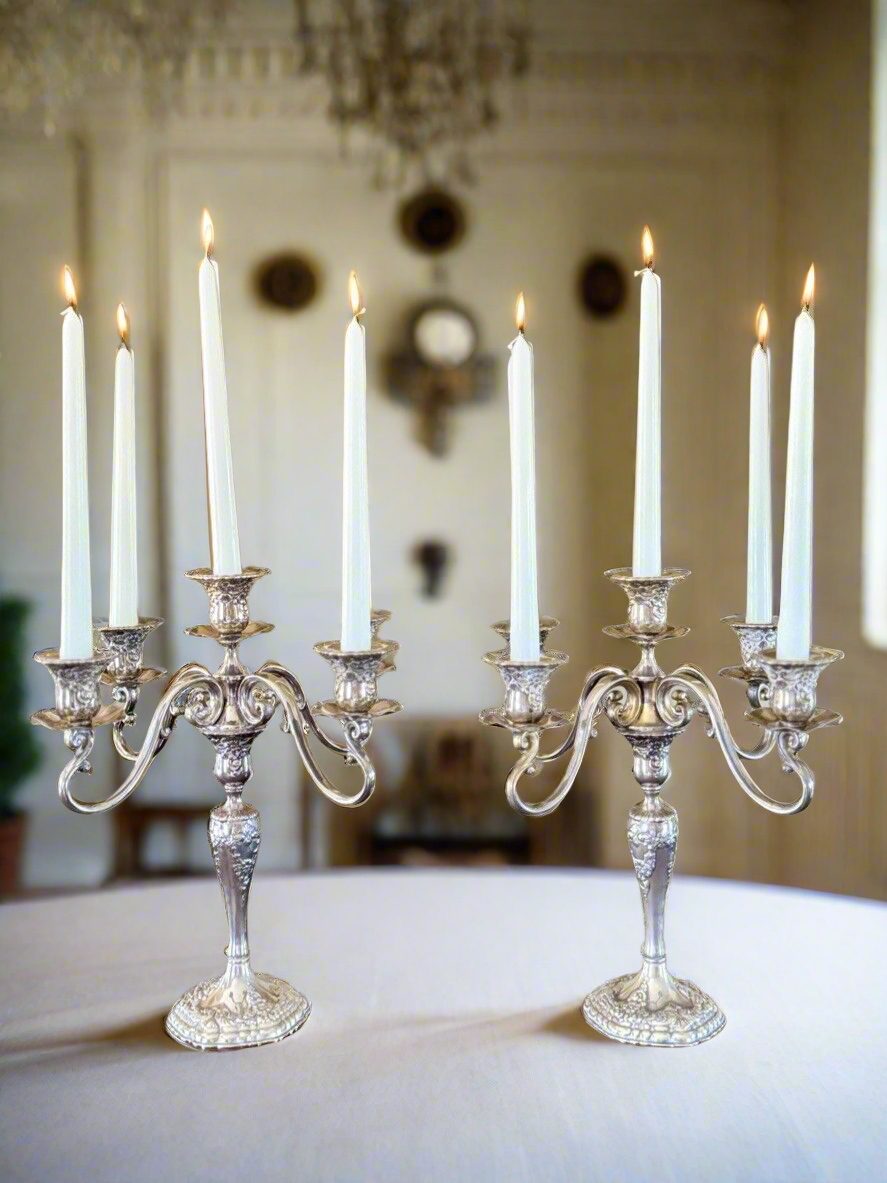 Vintage ANTIQUE STYLE Candelabra Pair 5 Candle Arms Floral Design Silverplate