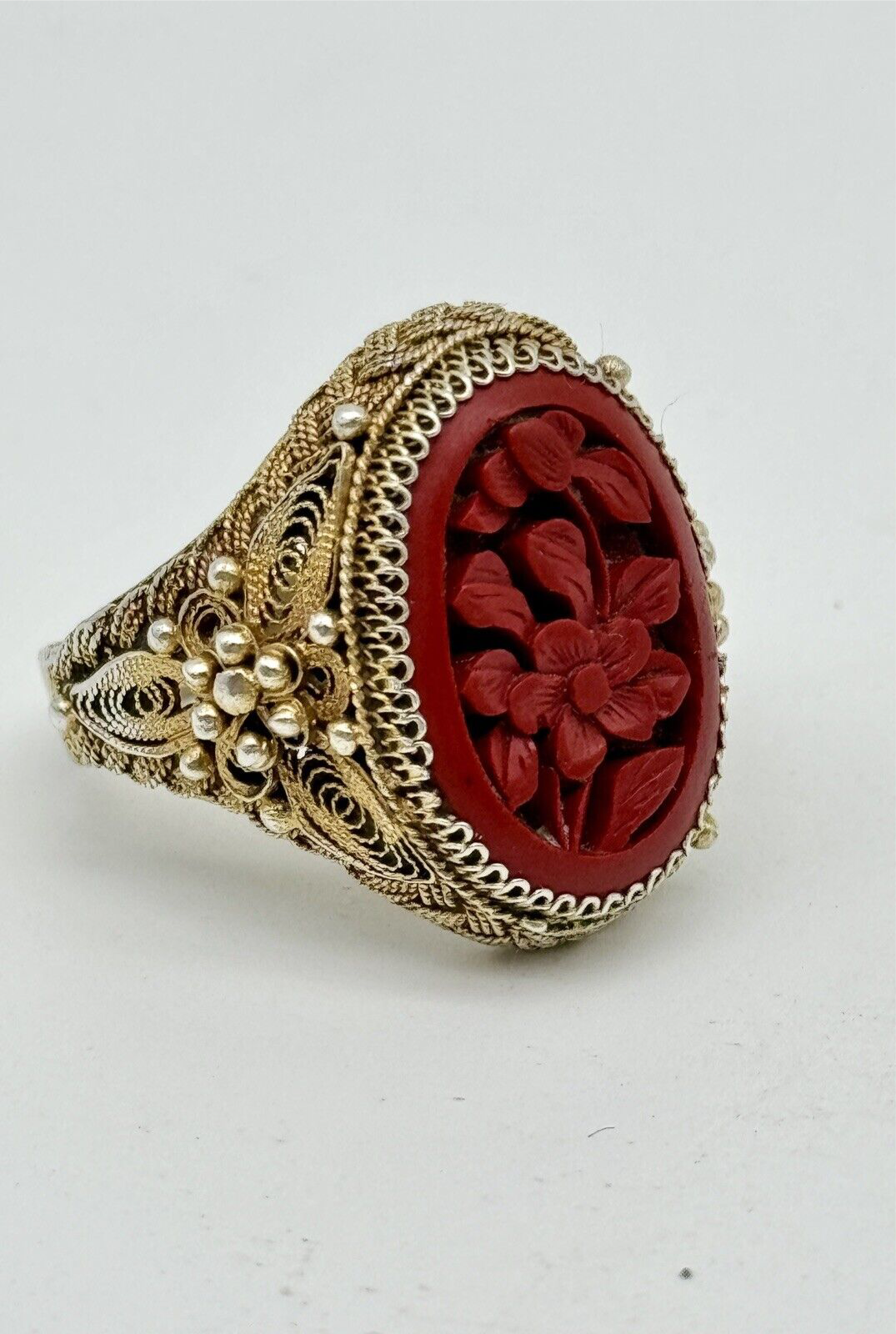 Vintage SILVER Carved Cinnabar Ring Delicate Filigree Gold Vermeil 8.5 Sizeable