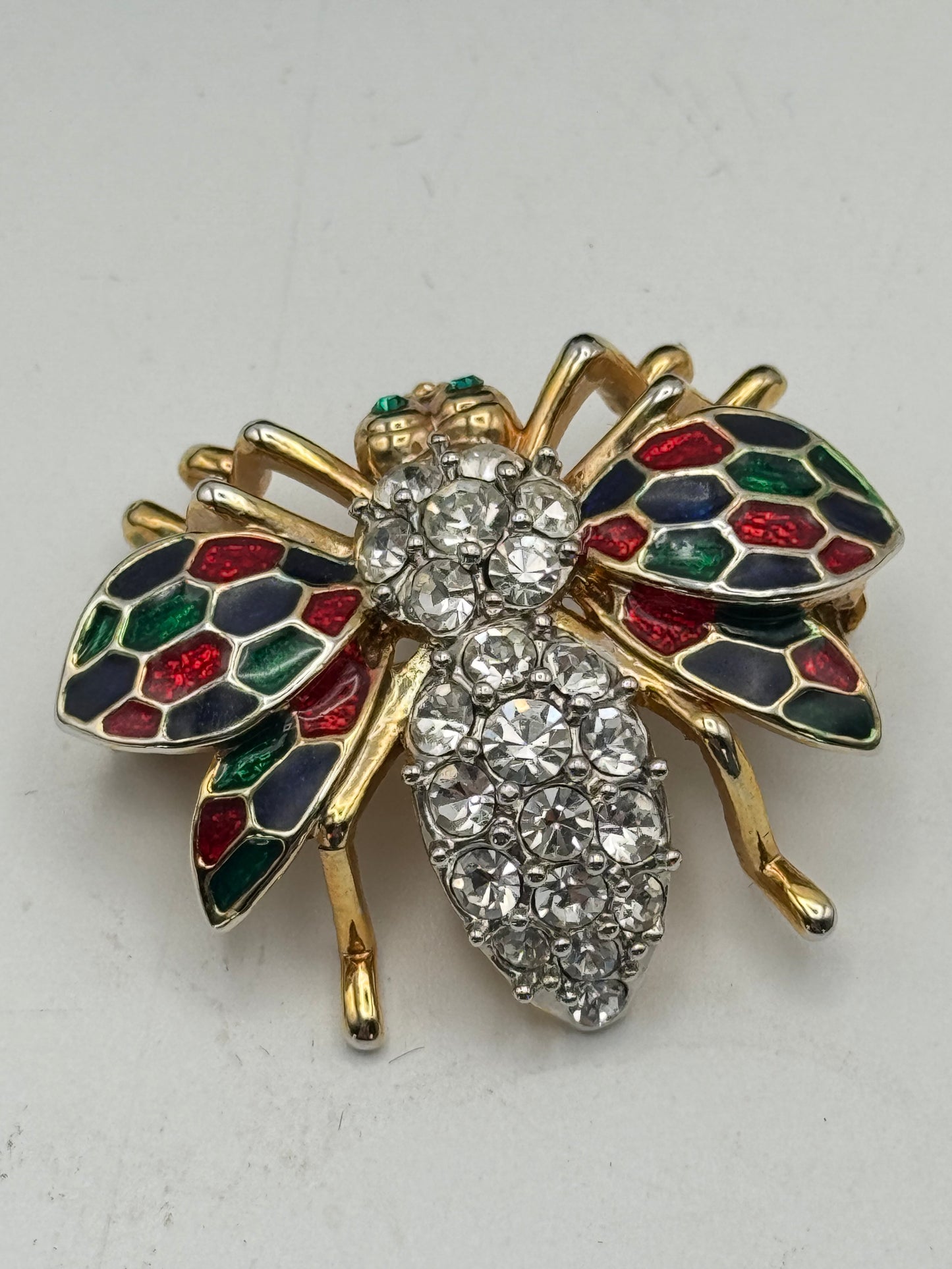 Vintage Bee Brooch Clear Rhinestone Enamel Red Blue Green Goldtone Ca. 1.38”