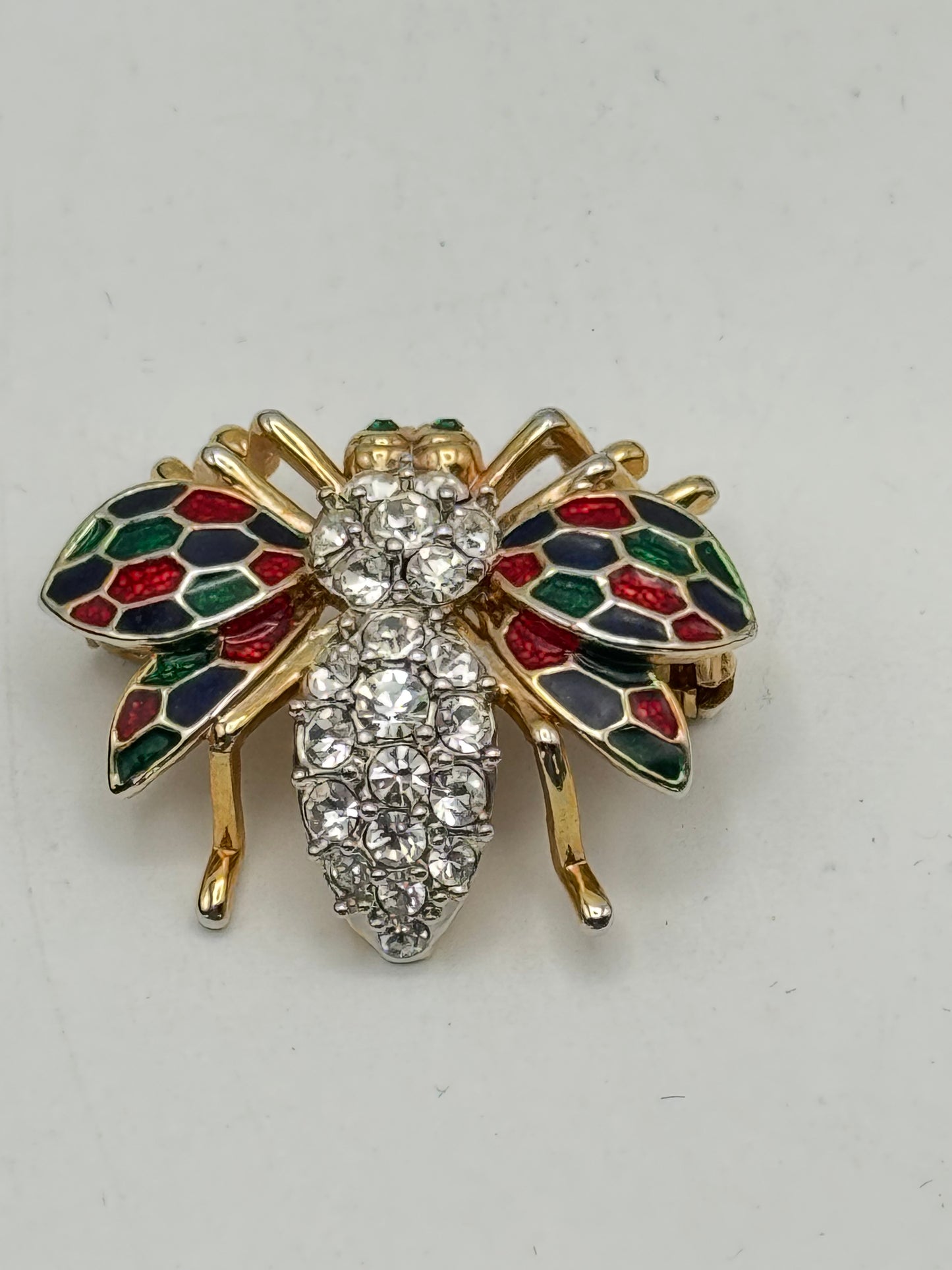 Vintage Bee Brooch Clear Rhinestone Enamel Red Blue Green Goldtone Ca. 1.38”