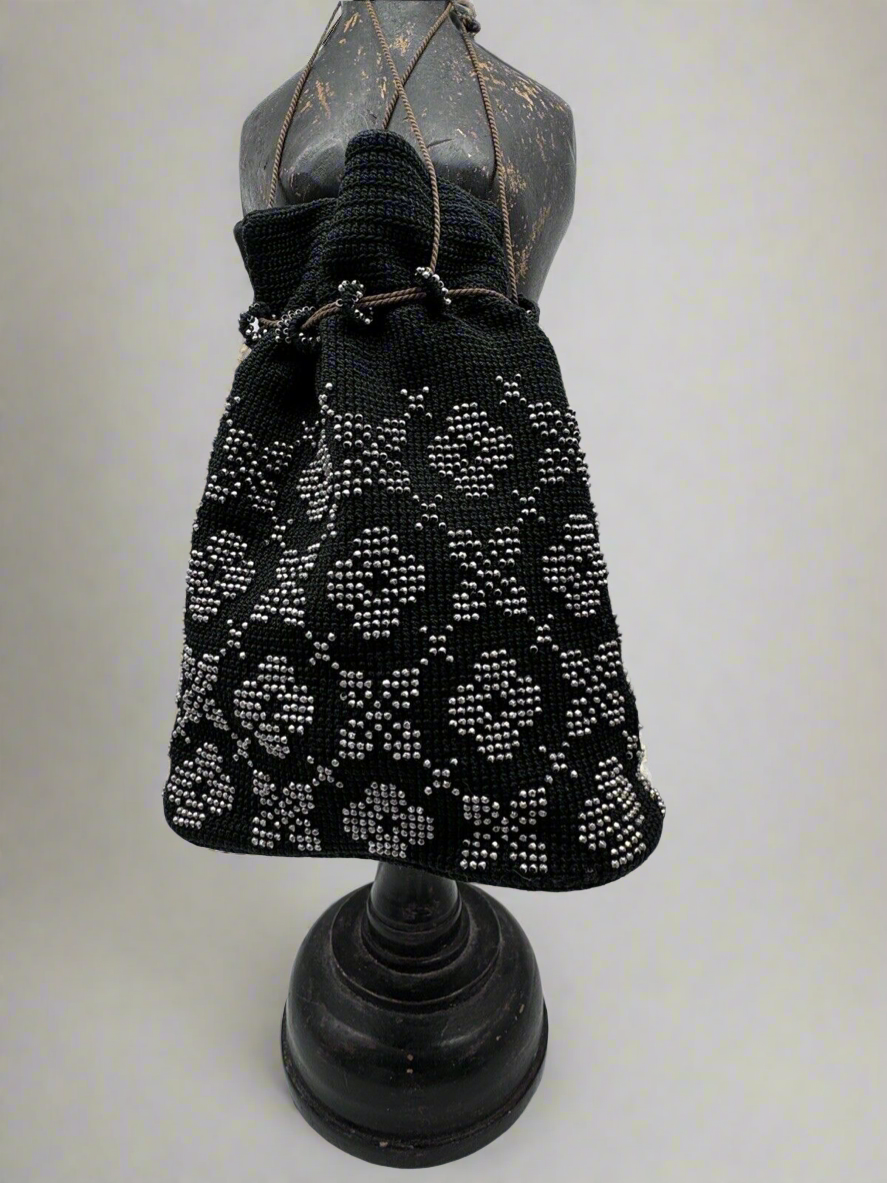 1920s Black Purse Steel Beads Crochet Satin Liner Draw String ESTATE FIND