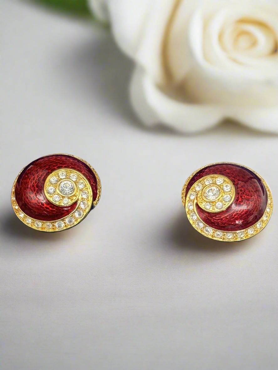 Camrose & Kross JBK Red Clear Rhinestone Gold-Tone Clip On Earrings in BOX