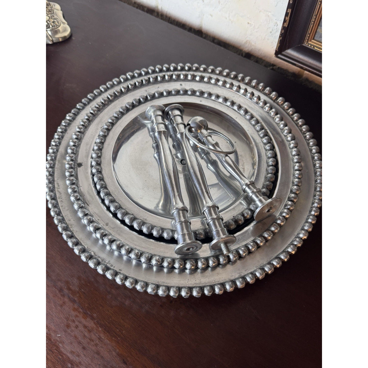 Three Tier Serving Stand Silvertone Beaded Edge Centerpiece Display 26”
