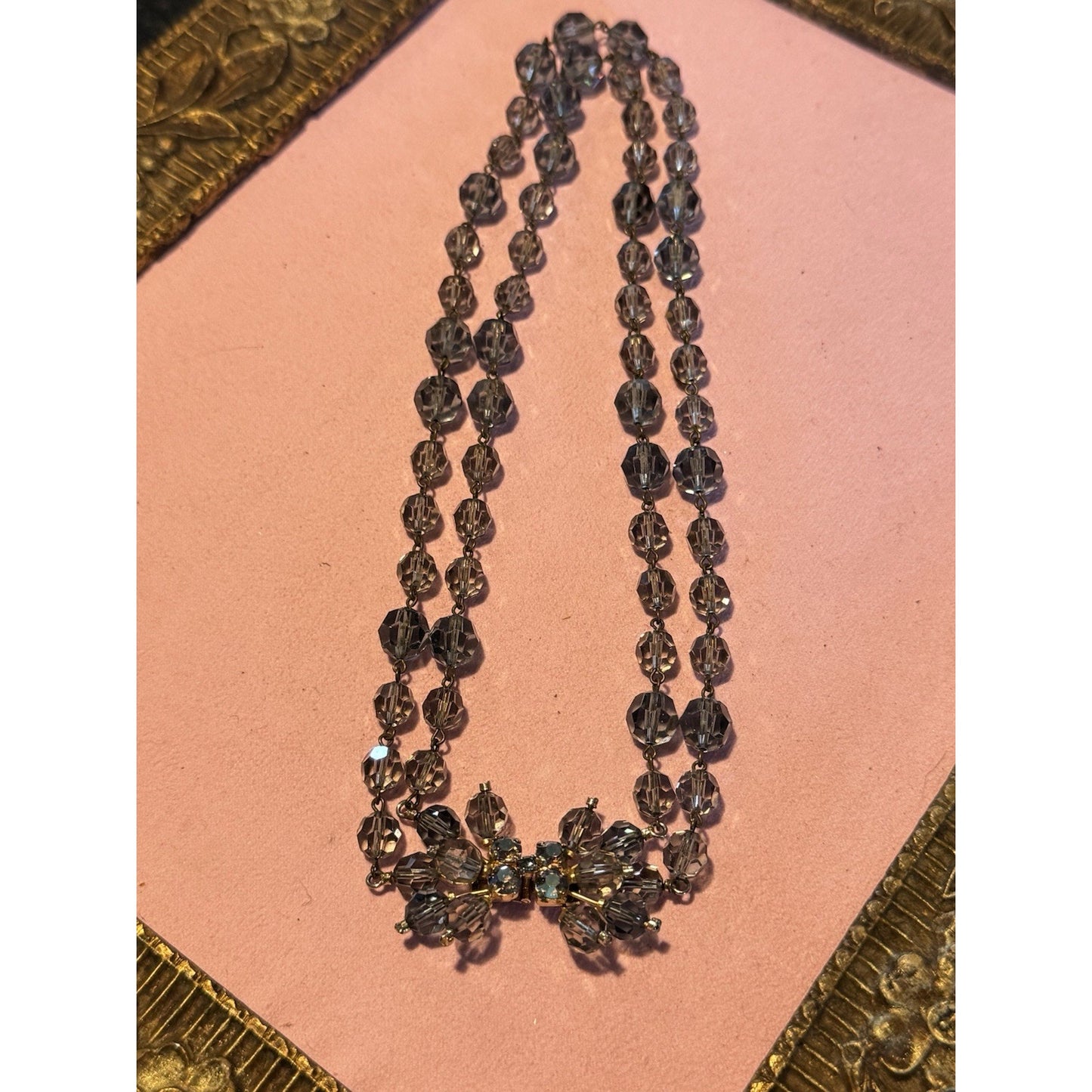 Vintage Austrian Crystal Bead Necklace Signed Gray Blue Faceted Beads 16”