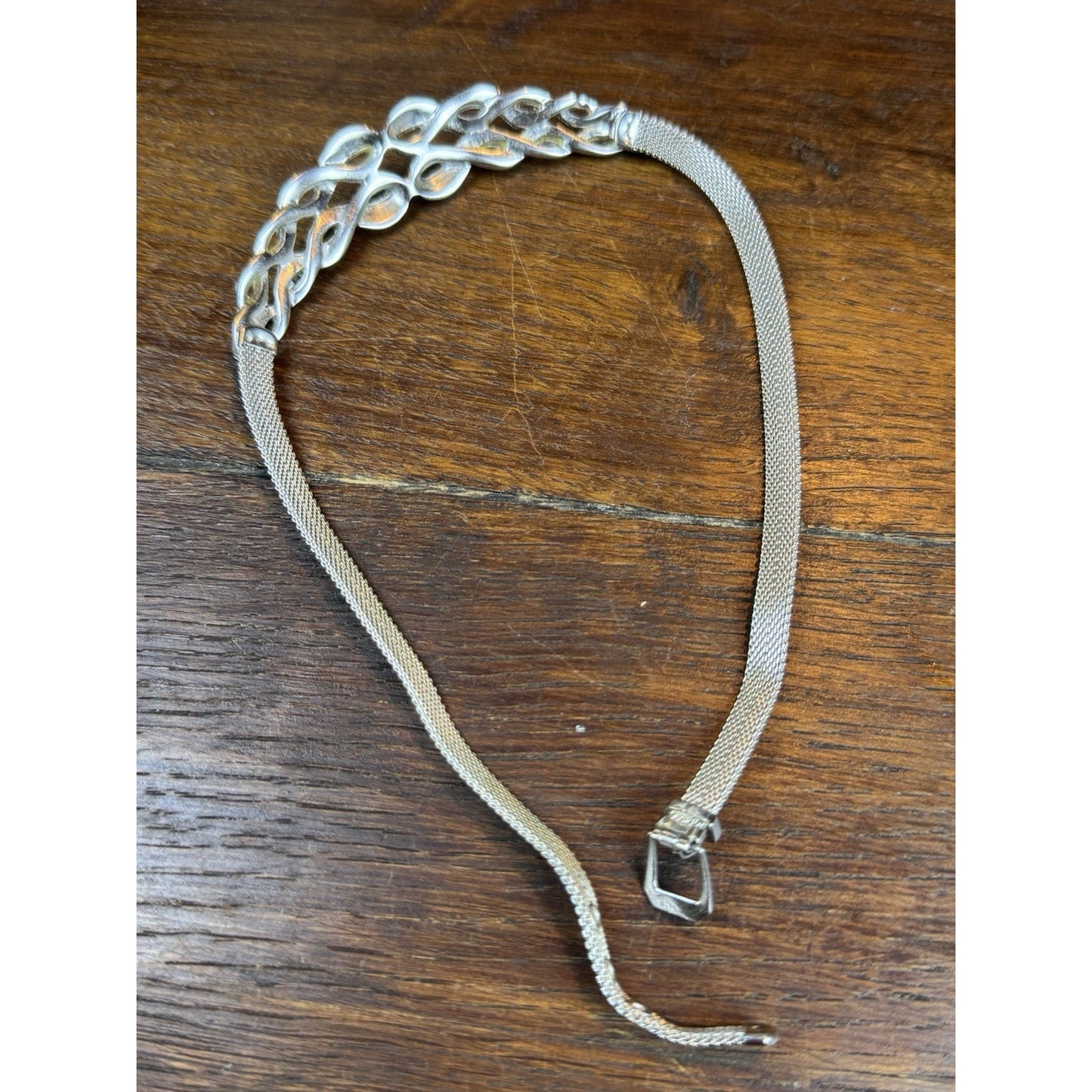 Vintage Rhinestone Collar Necklace Silvertone Mesh Art Deco Style Statement 14”