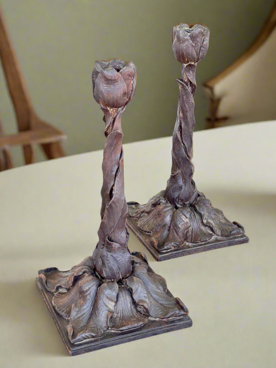 Antique BLACK FOREST Style Hand Carved Tulip Candlestick Pair Circa 14”h EXTREMELY RARE‼️