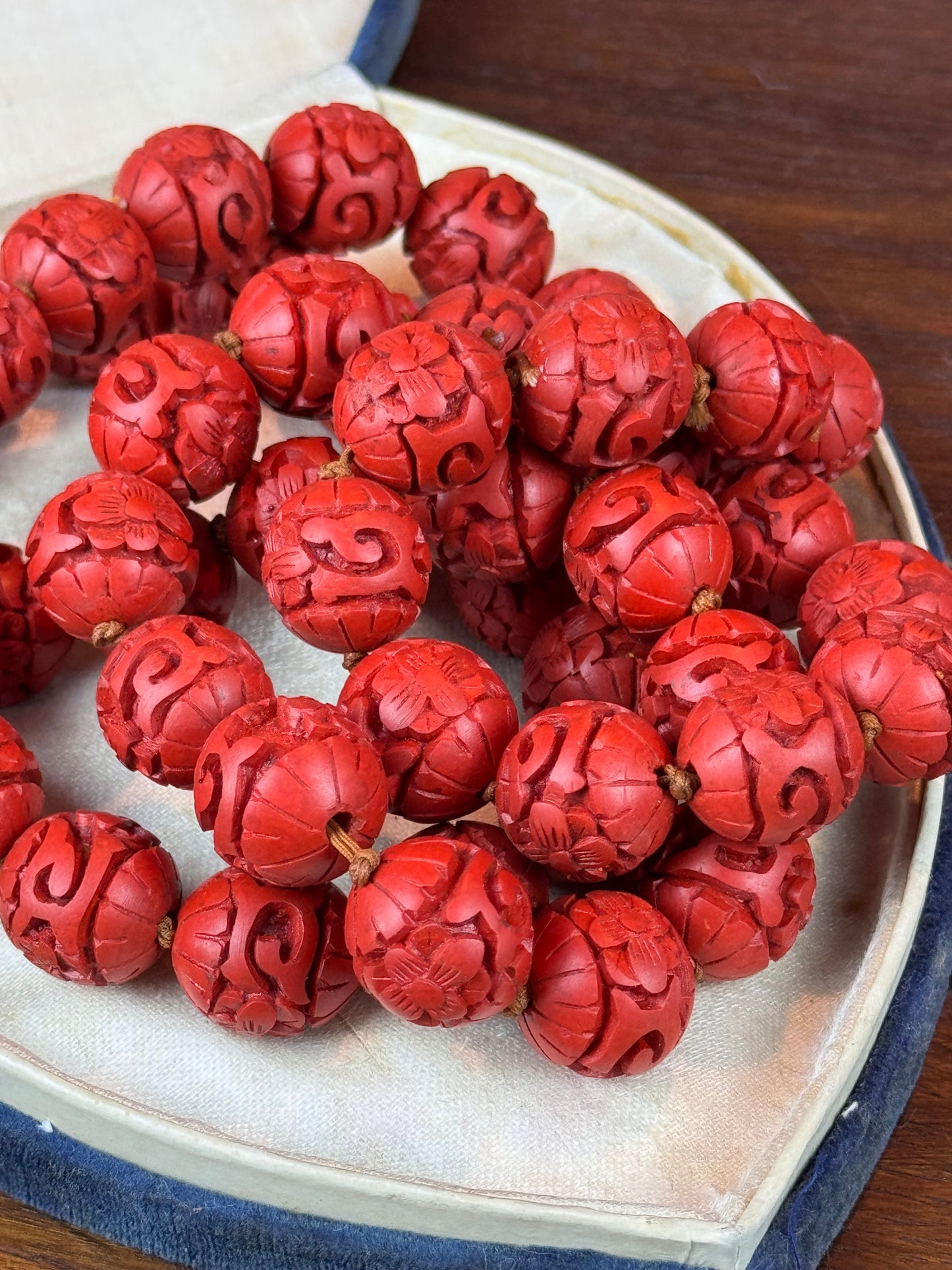 Vintage Cinnabar Necklace Carved Knotted Beads Chinese Style Long 30”