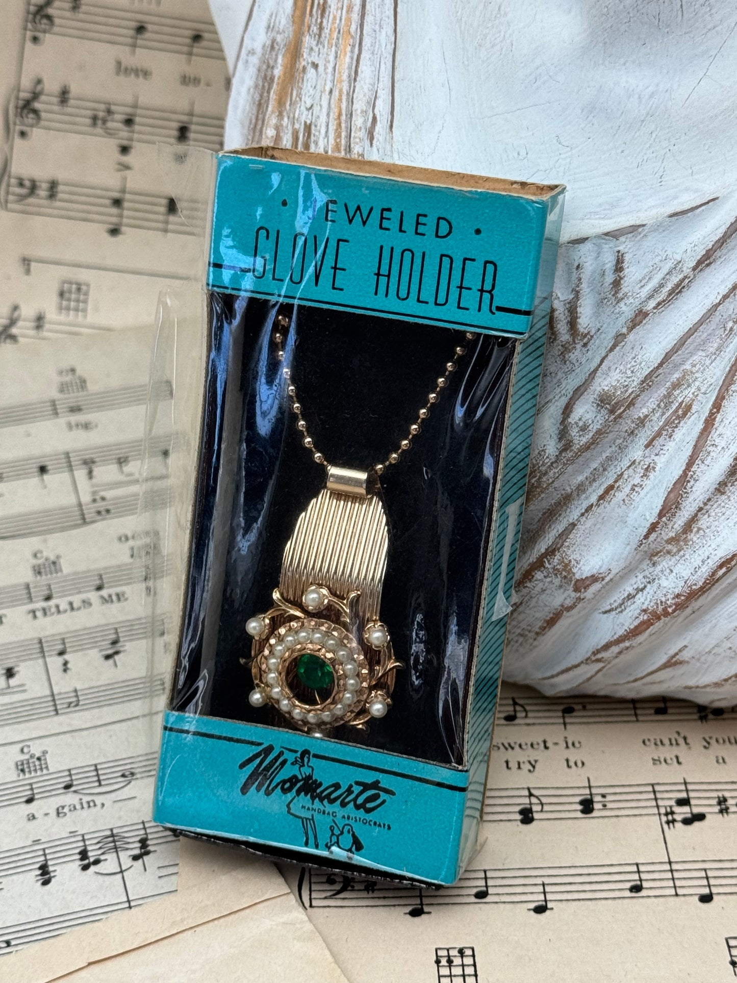 Vintage Jeweled GLOVE HOLDER by Momarte 24k Hamilton Gold Plated in original Package
