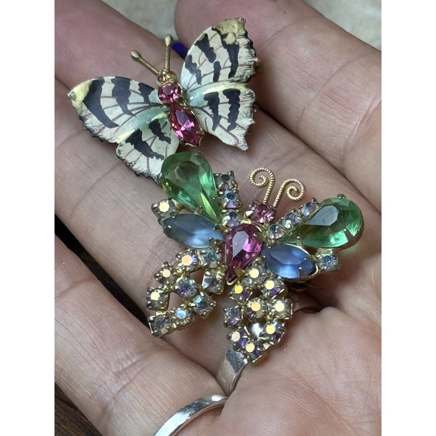 Butterfly Brooch Pair Weiss Rhinestone & Czech Hand Painted Enamel Moth WEAR‼️