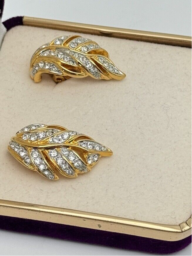 Vintage Austrian Crystal Leaf Earrings Goldtone With Velvet Box