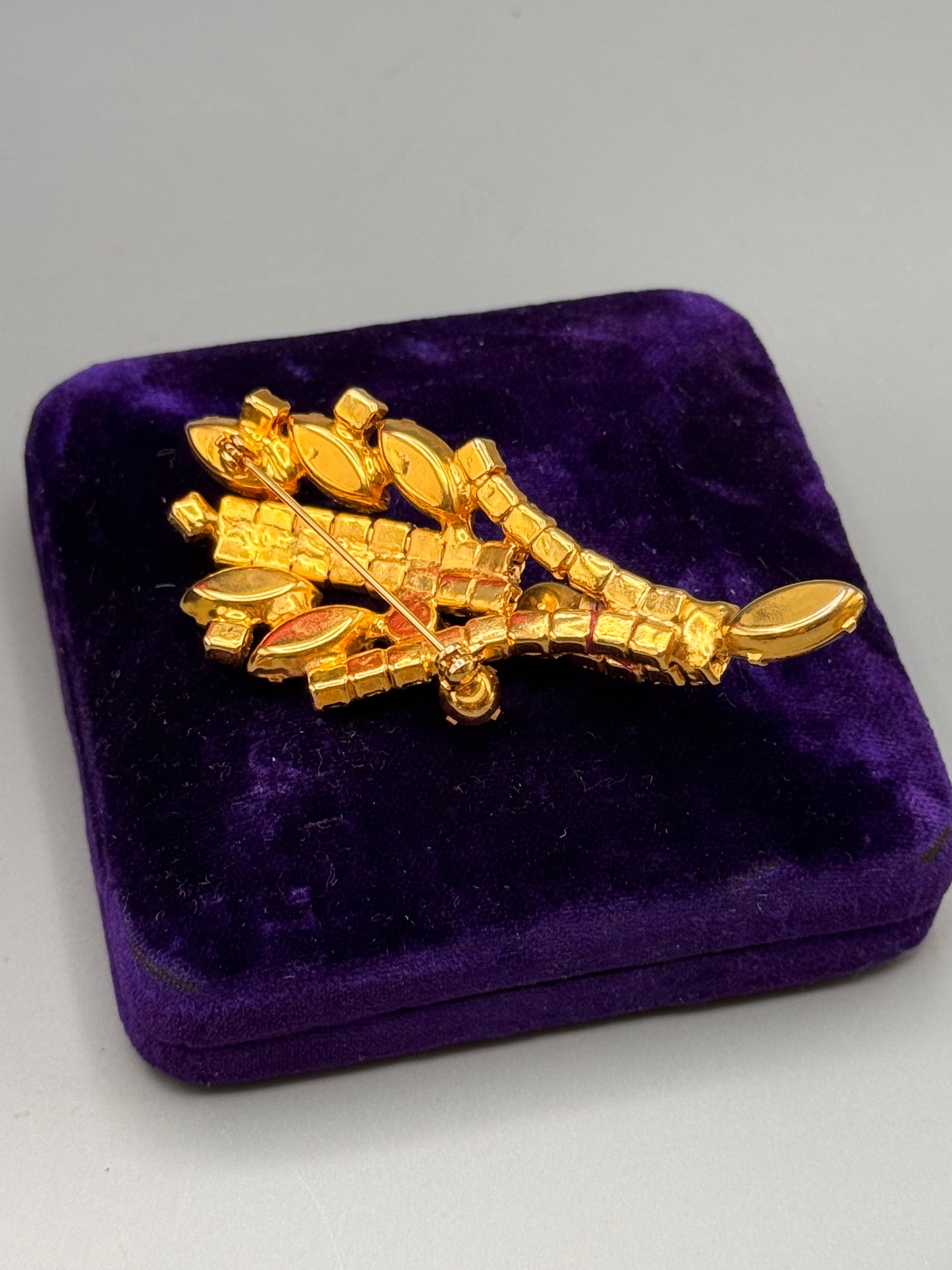 Vintage AB Rhinestone Brooch Goldtone Floral Spray Statement Pin 4” Large