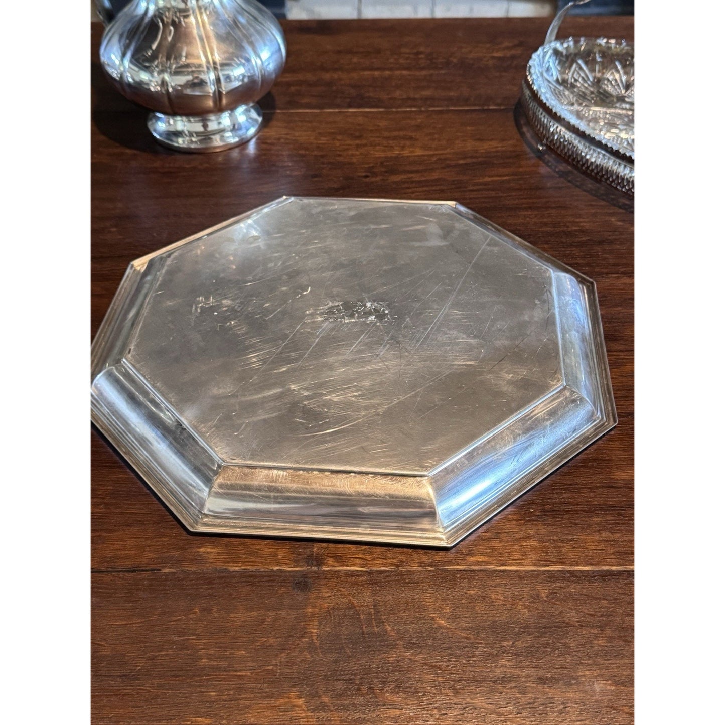 Silverplate Octagonal Serving Tray Butler Tray 13.5” Vintage Tea Coffee Tray