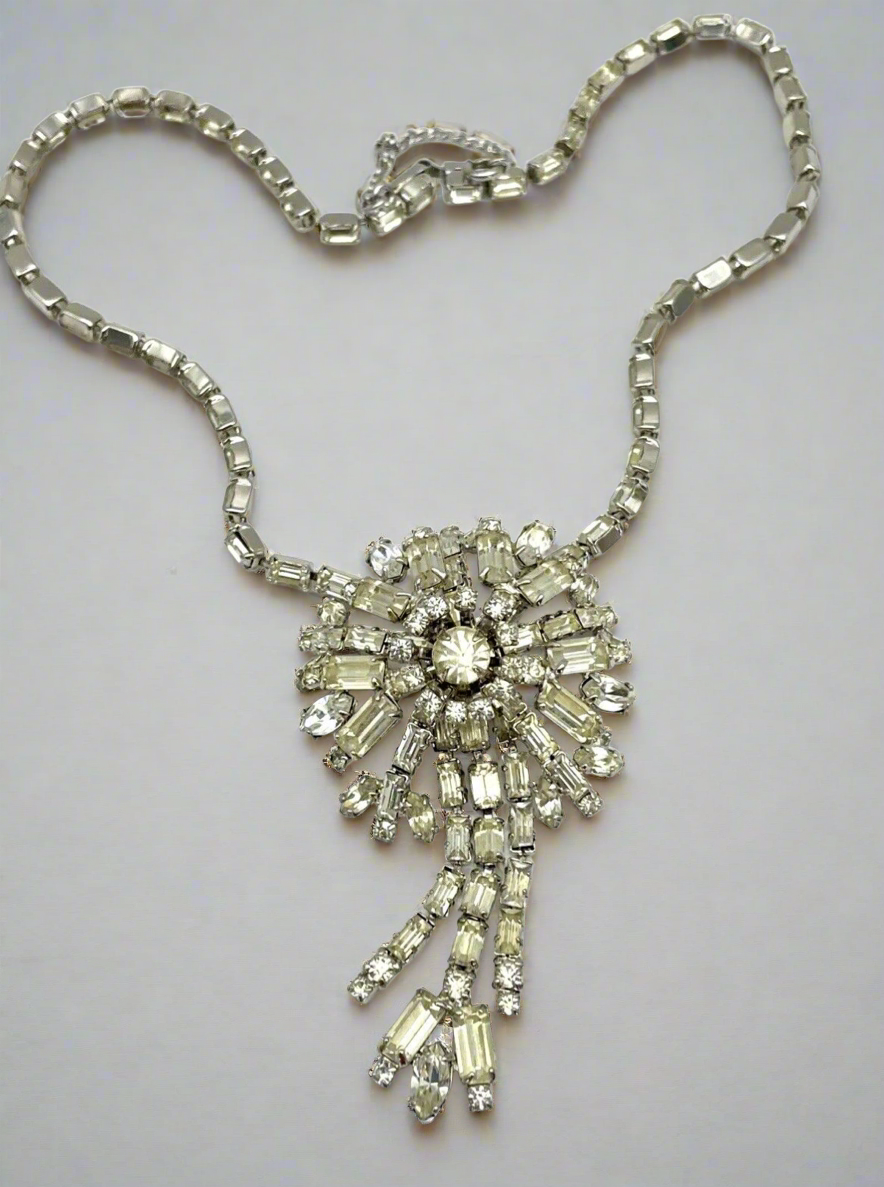 Art Deco Style Clear Rhinestone Necklace Ca. 15” L