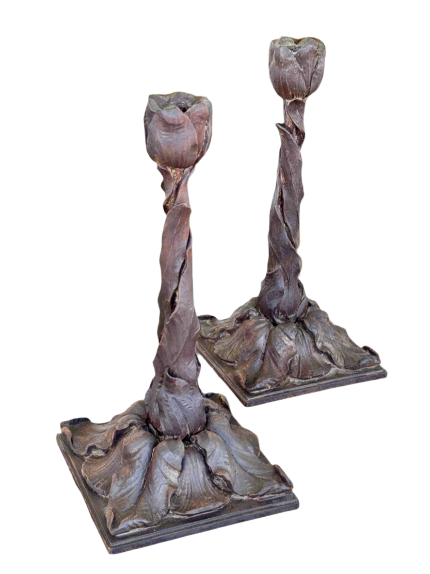 Antique BLACK FOREST Style Hand Carved Tulip Candlestick Pair Circa 14”h EXTREMELY RARE‼️