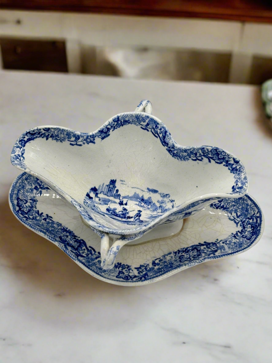 Antique Blue & White Transferware Sauce Boat With Fixed Under Plate