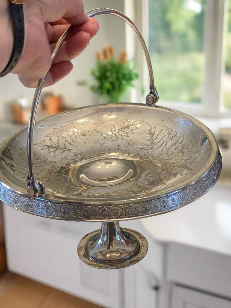 Antique Silverplate Bridal Basket Victorian Bird Motif Flowers & Fern