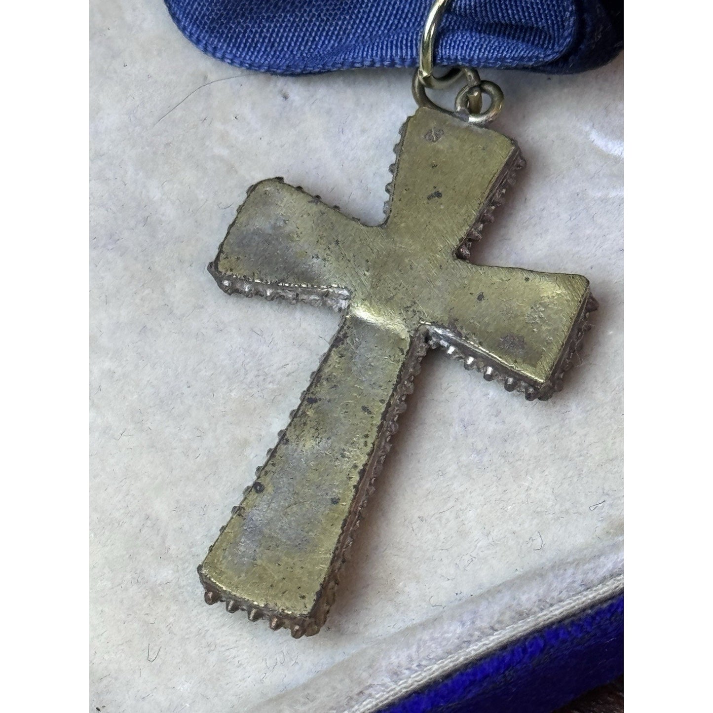 Antique Cross Italian Micro Mosaic Pendant Blue Velvet Ribbon Floral 1.5”