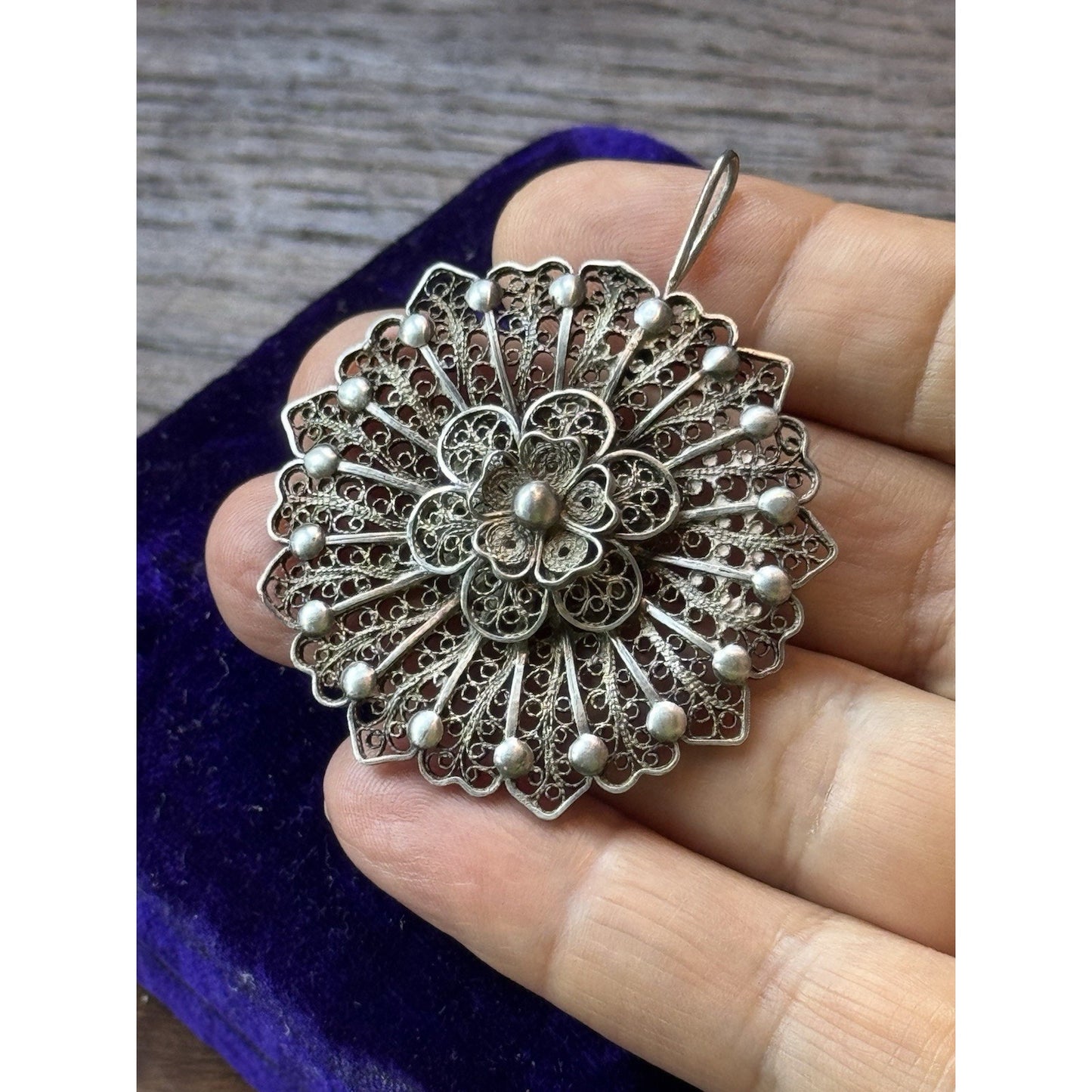 Vintage Silver Filigree Flower Pendant Tested Silver 1.75” Statement Jewelry
