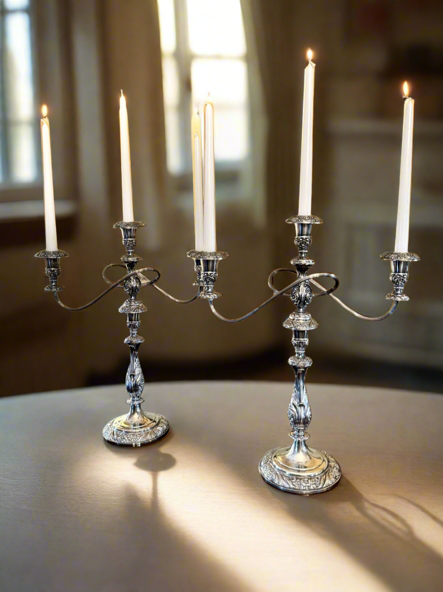Vintage Silverplate Pair 3 Flame Candelabra Converts To Candlestick Repousse