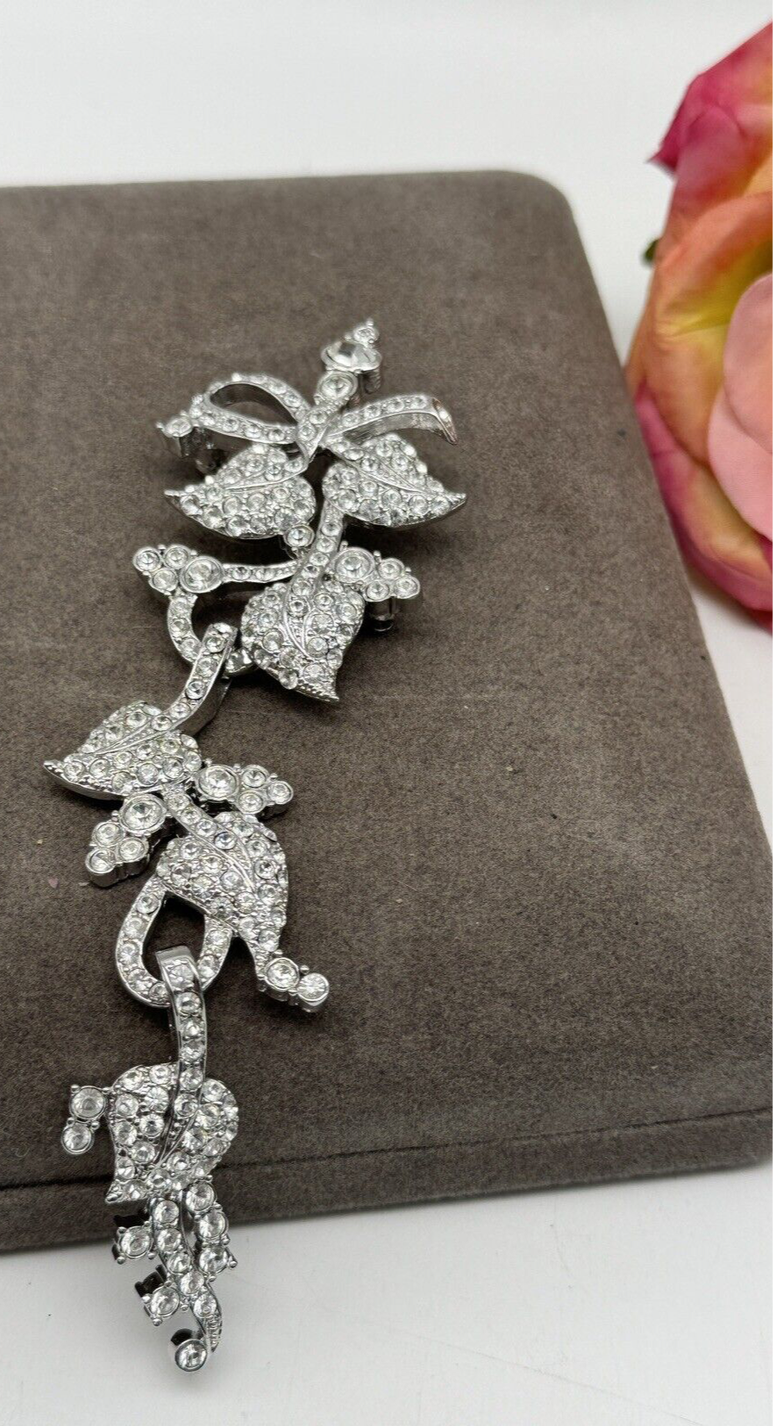 Vintage Nolan Miller Brooch 6” Articulated Rhinestone Floral Design ART Deco