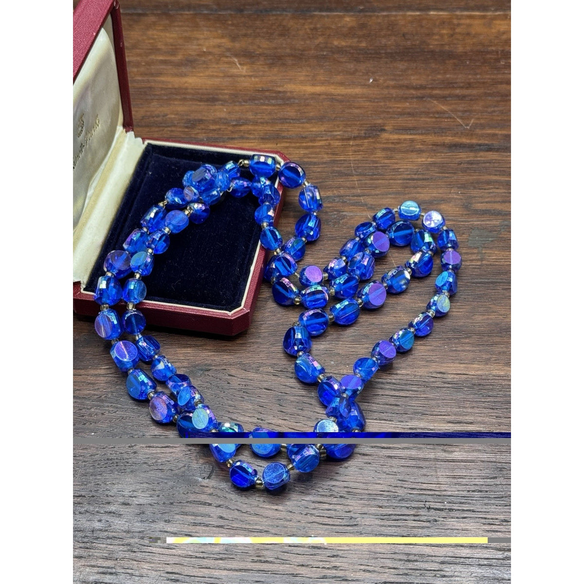 Vintage Blue Lucite AB Bead Necklace Double Strand Faceted Beads 19.5”