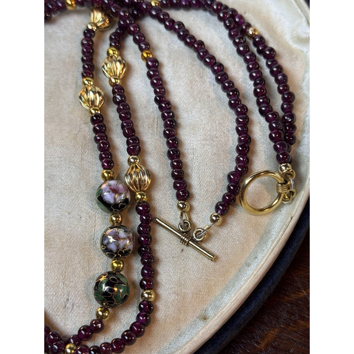 Garnet Double Strand Necklace 19” Floral Cloisonné Goldtone Beads Newly Restrung
