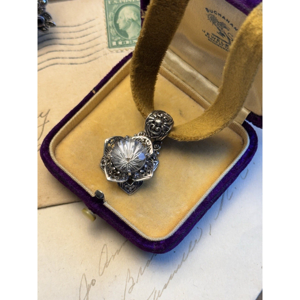 SARDA Sterling Silver 925 Floral Pendant Clear Faceted Stone Velvet Ribbon 1.5”