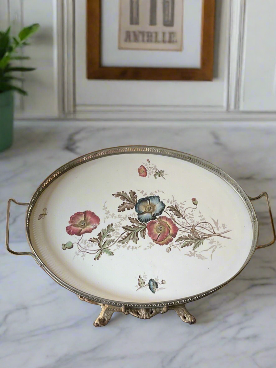 Antique Porcelain Gallery Tray Flowers & Bee Handled 20.5” X 13.25” Estate Find