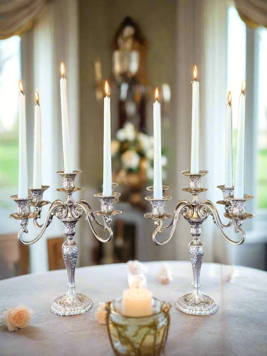 Vintage ANTIQUE STYLE Candelabra Pair 5 Candle Arms Floral Design Silverplate