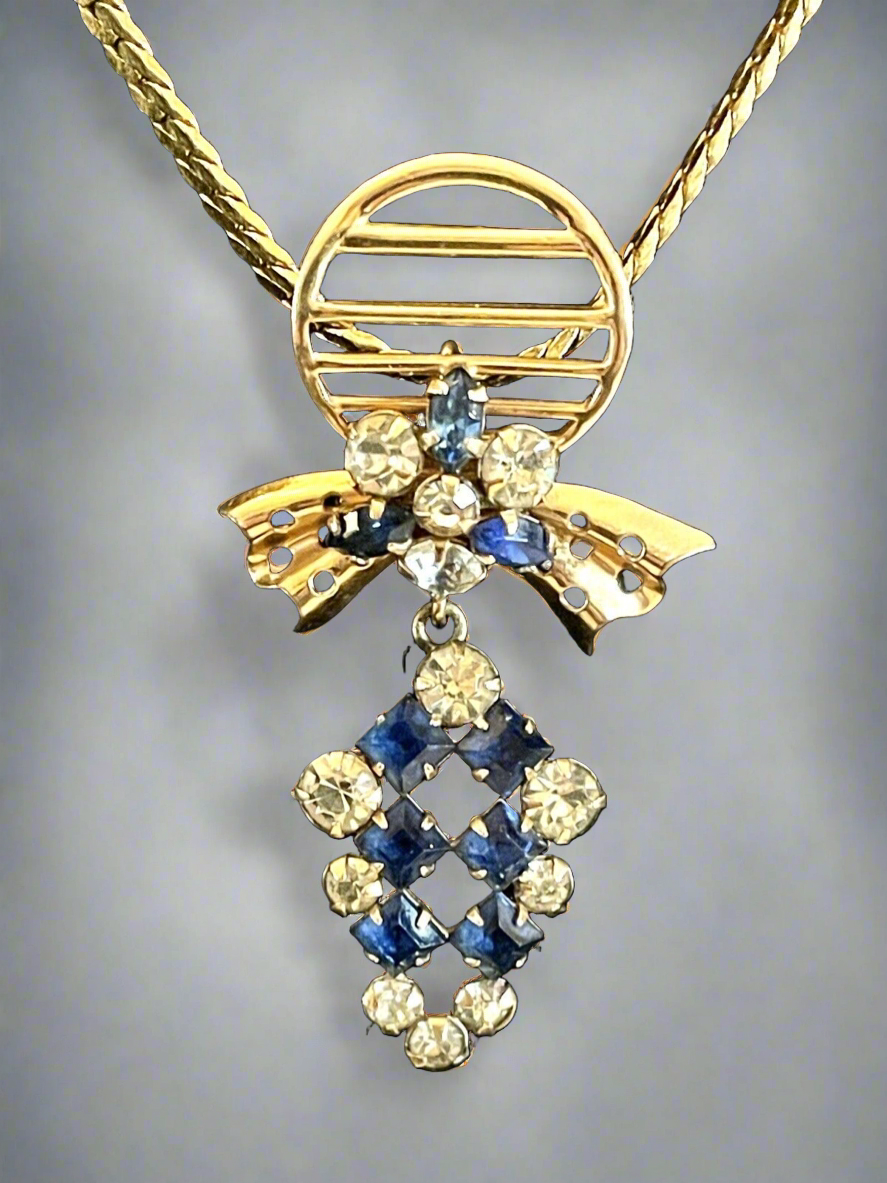 Blue & Clear Rhinestones Pendant Brooch 12kt GF Signed Phyllis Chain VINTAGE