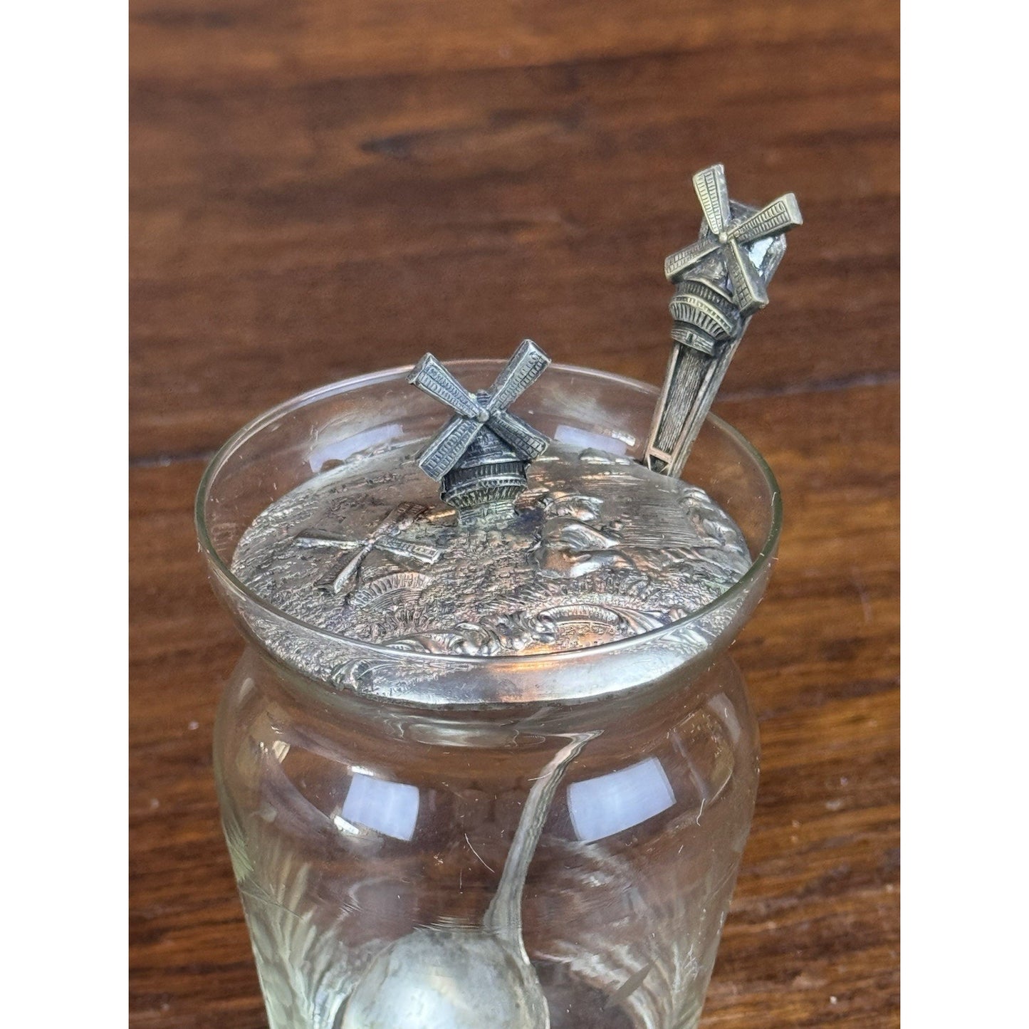 Vintage Dutch Windmill Silverplate Glass Confiture Jam Jar Matching Spoon