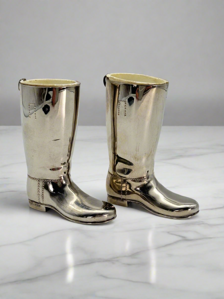 Vintage EQUESTRIAN Pair Silverplate Riding Boots Jiggers 1oz & 1.5oz Barware