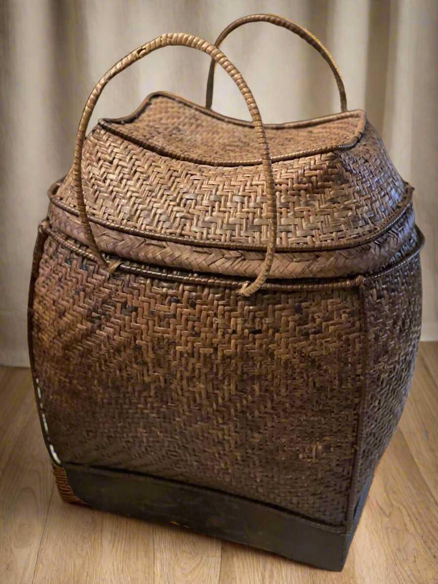 Vintage Basket Filipino Woven Pack Style Lid & Handles circa 17.5” X 13” X 15”