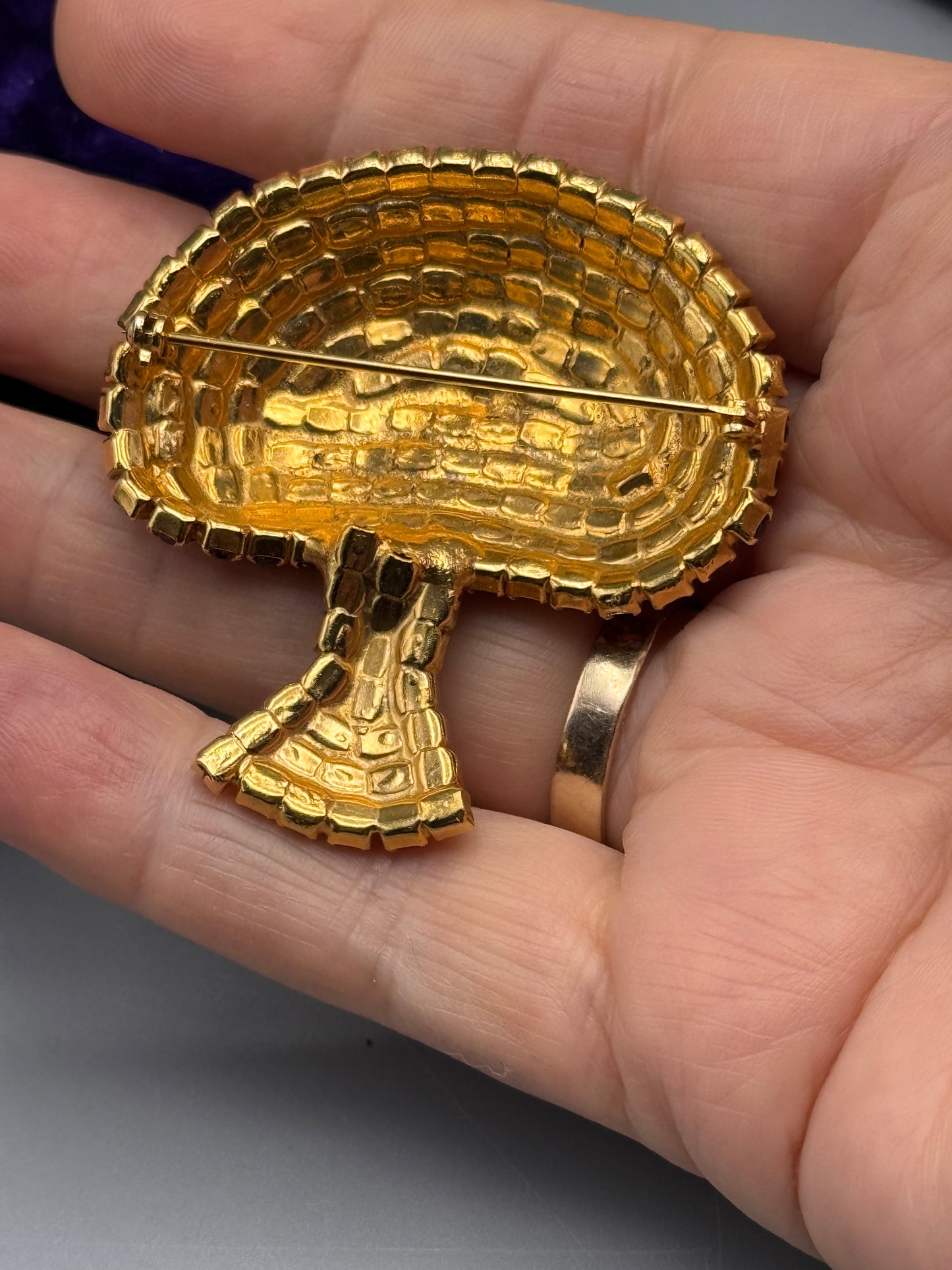 Vintage Rhinestone Mushroom Brooch Goldtone Aurora Borealis 2″