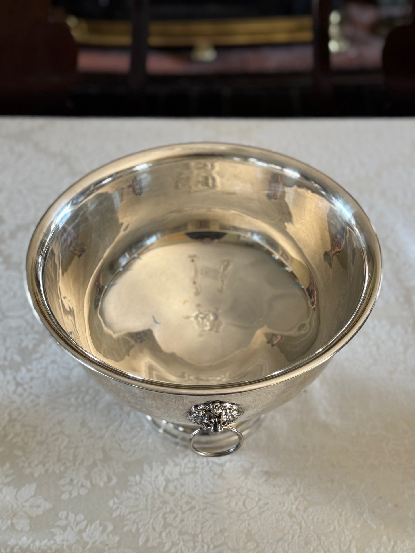 Vintage Silverplate Punch Bowl LARGE Wine Cooler Lion Head Ring Handles Rogers