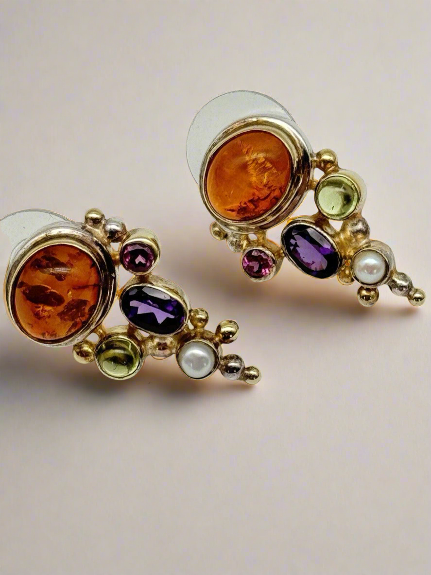 Pre-Loved MICHOU Earrings Sterling Amber Peridot Rhodolite Amethyst Pearl Garnet