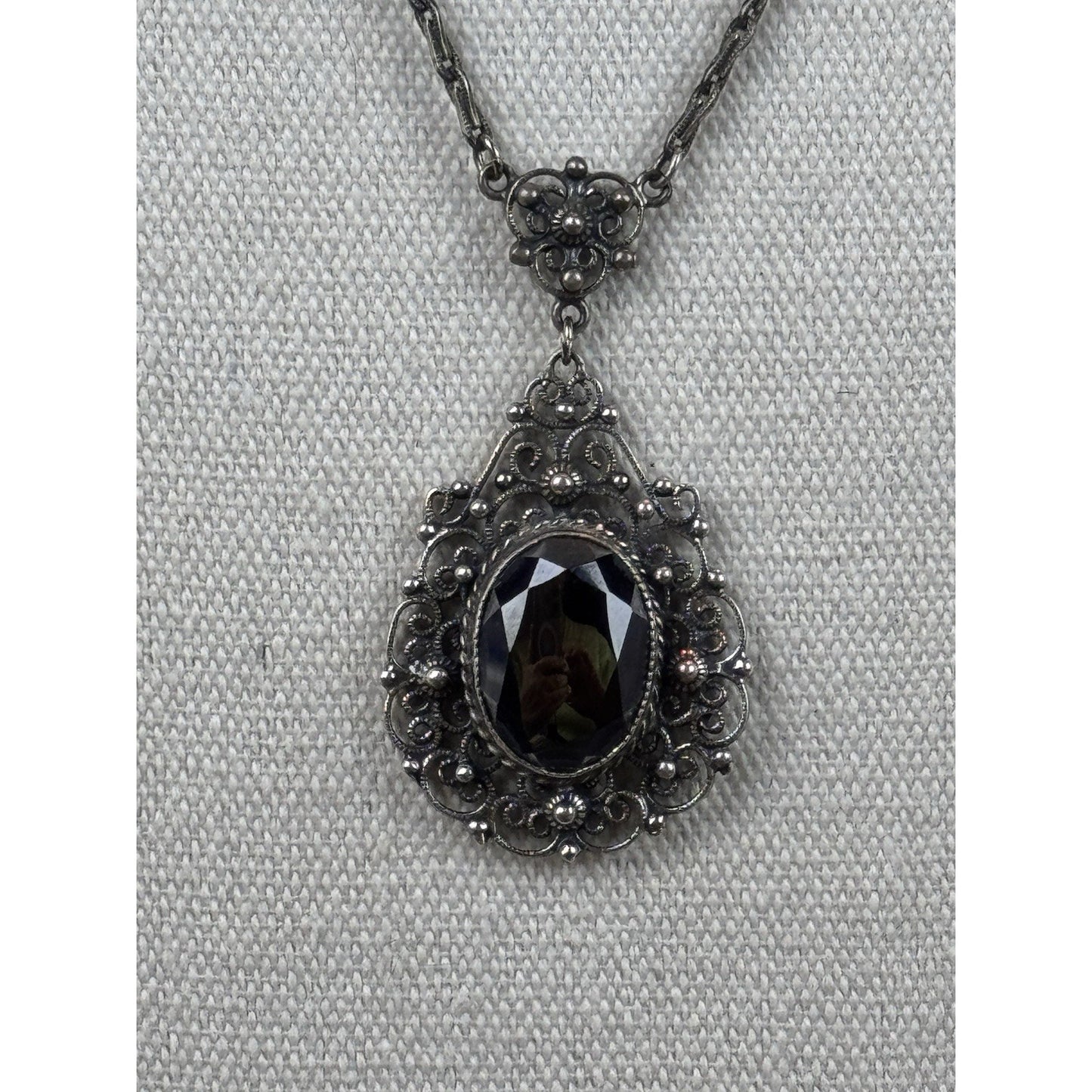 VTG Danecraft Sterling Silver Hematite Ornate Filigree Necklace w/ Original Tag